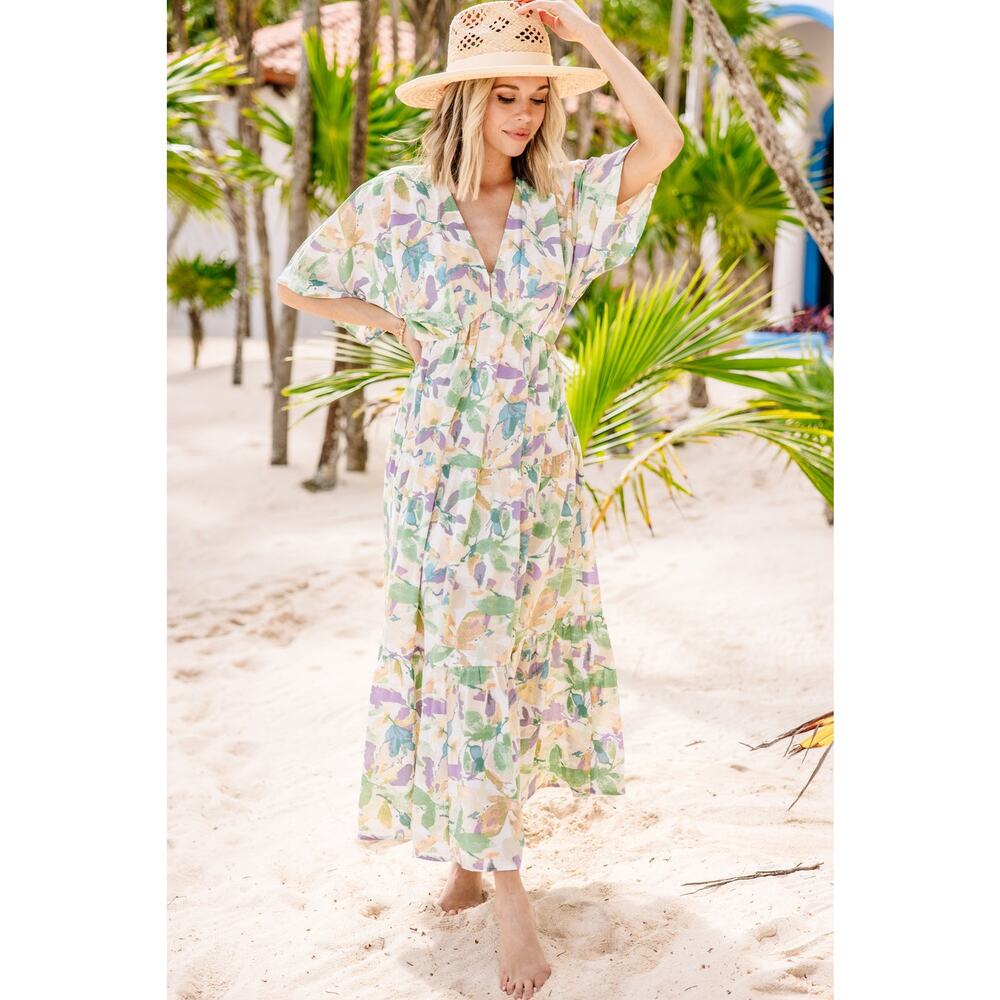 Chic Soul XL Boho Cottagecore Floral Tiered Maxi Dress Green Cream Wedding Guest